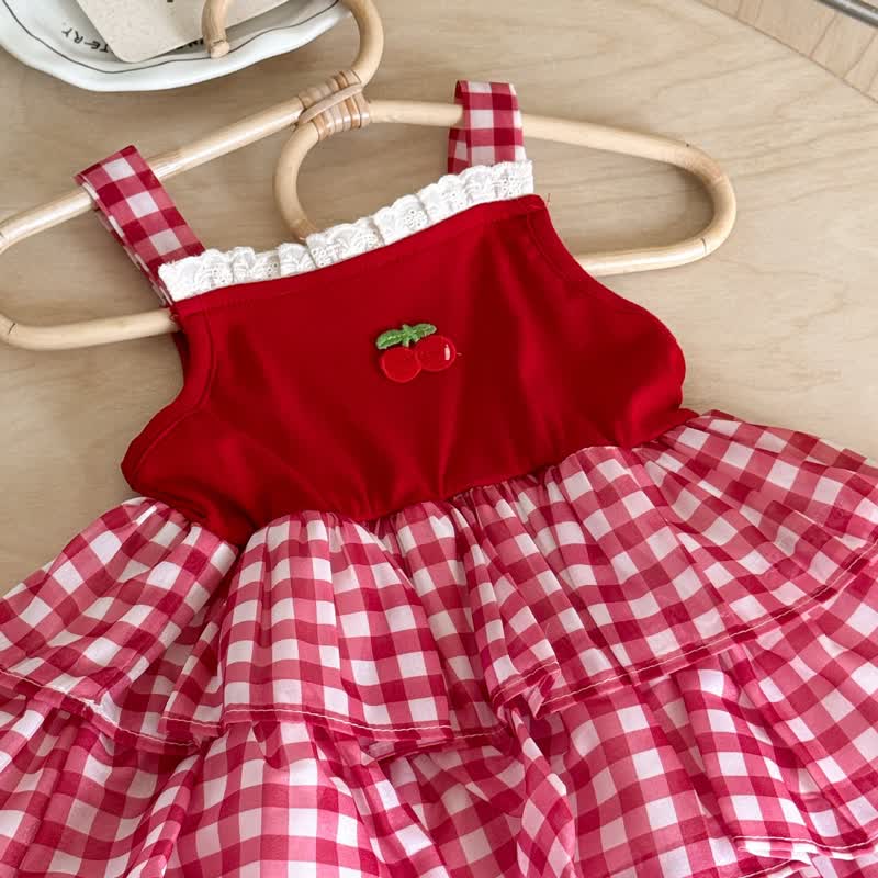 Toddler Girl Red Cherry Lace Gingham Sleeveless Dress - image 2