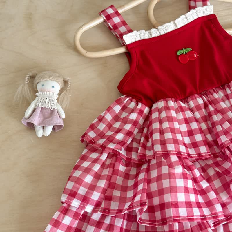 Toddler Girl Red Cherry Lace Gingham Sleeveless Dress - image 3