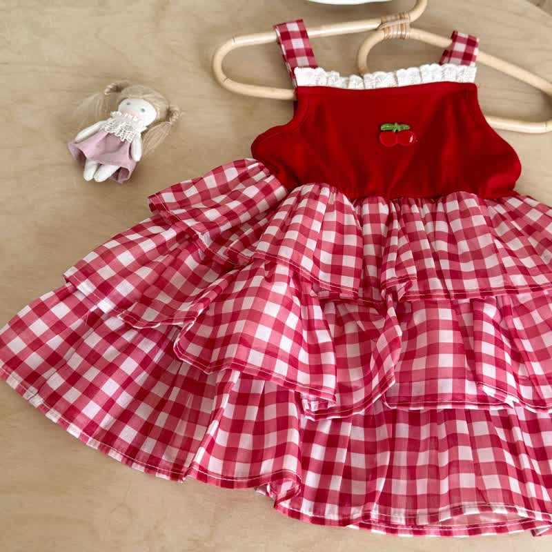 Toddler Girl Red Cherry Lace Gingham Sleeveless Dress - image 4