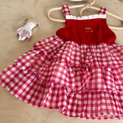 Toddler Girl Red Cherry Lace Gingham Sleeveless Dress - image 4