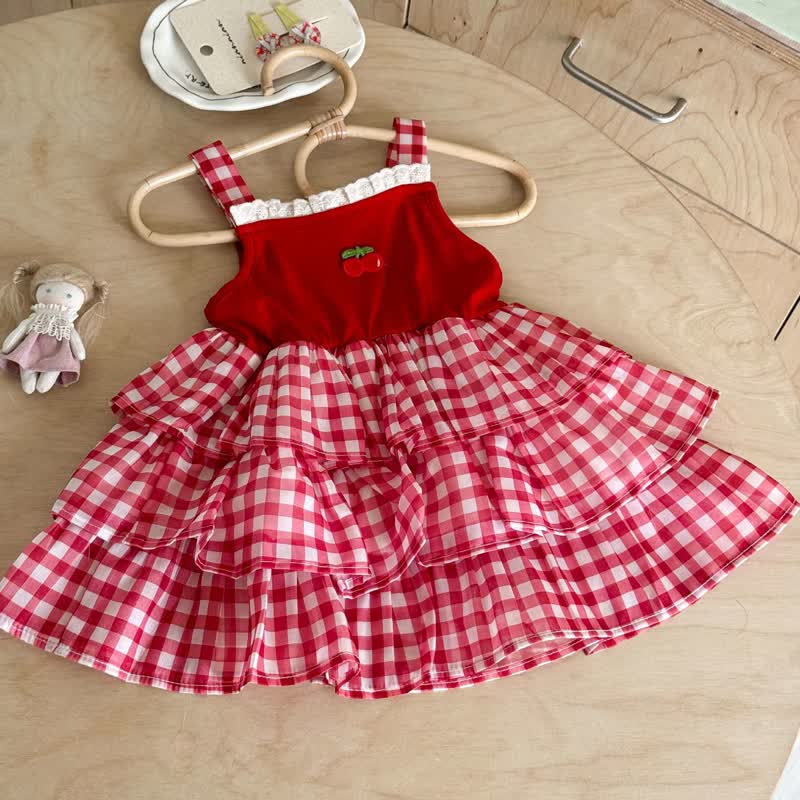Toddler Girl Red Cherry Lace Gingham Sleeveless Dress - Red - 6.5-8T - image 1