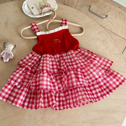 Toddler Girl Red Cherry Lace Gingham Sleeveless Dress - Red - 6.5-8T - image 1