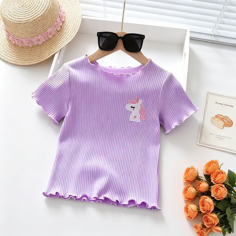Toddler Baby Girl Ribbed Animal Embroidered Ruffle Trim T-Shirt - Purple - 4-5T - image 2