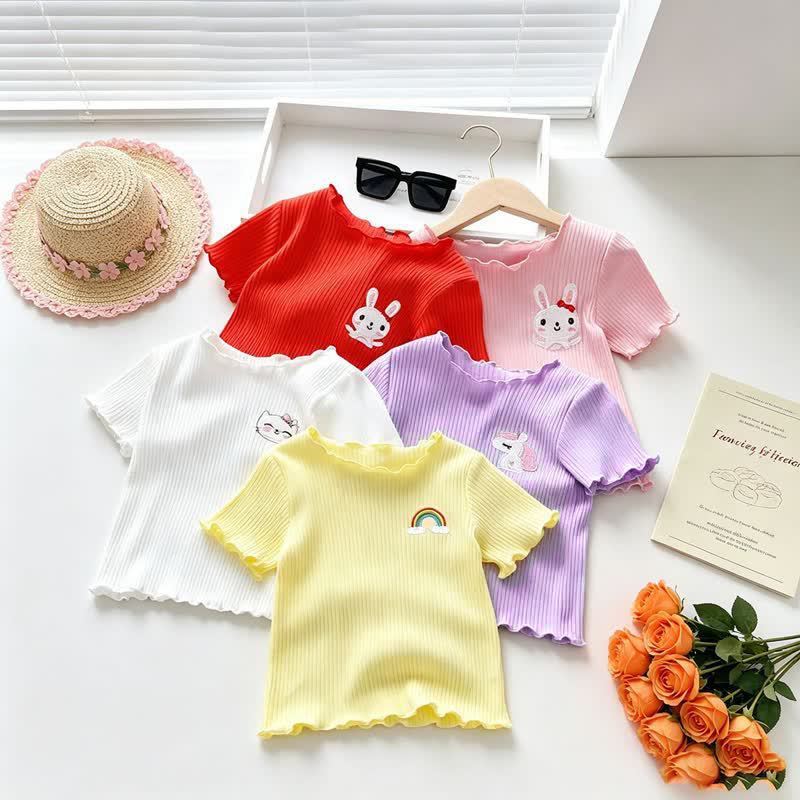 Toddler Baby Girl Ribbed Animal Embroidered Ruffle Trim T-Shirt - image 1