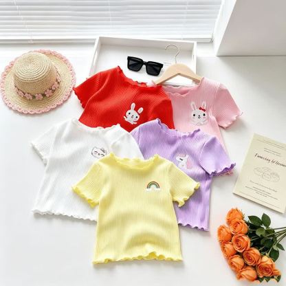 Toddler Baby Girl Ribbed Animal Embroidered Ruffle Trim T-Shirt - image 1