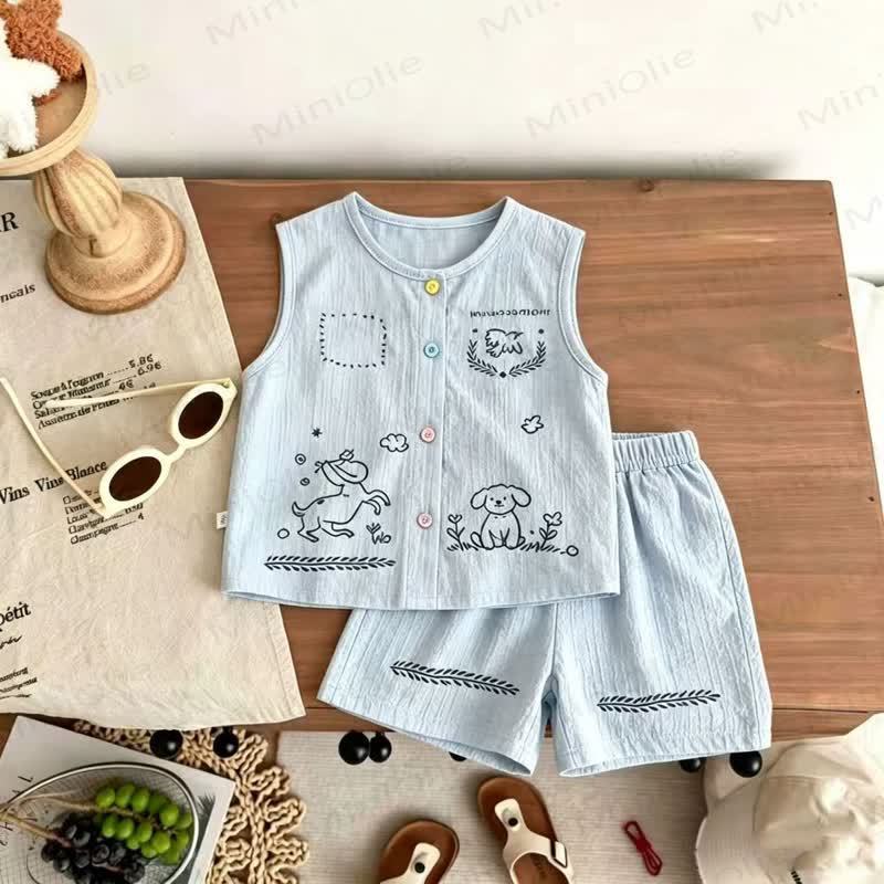 Baby Toddler Kid Dog Print Sleeveless Button Front Tank Top and Shorts 2-piece Set - Blue - 12-13T - image 3