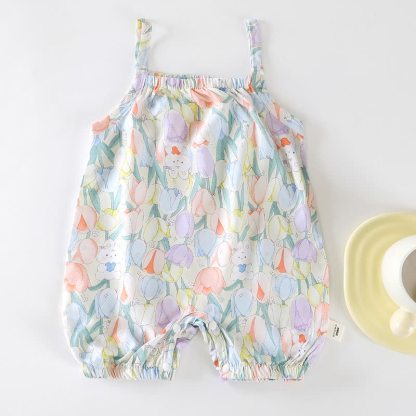 Baby Floral Strap Romper - White Bunny - 2-3T - image 5