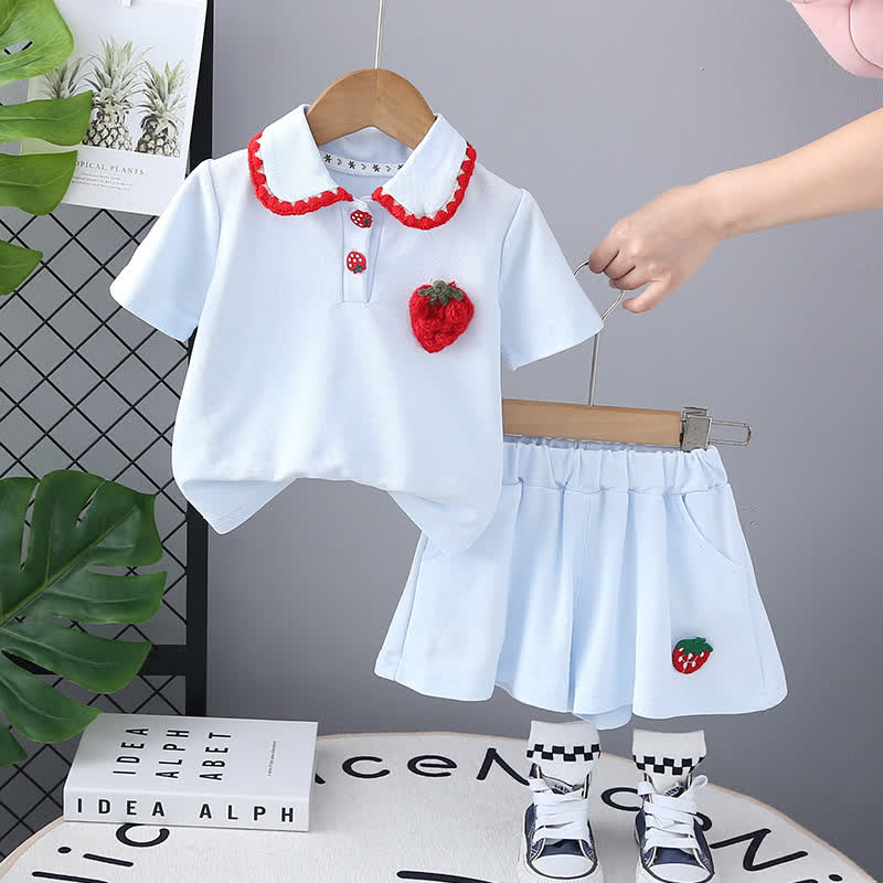 Toddler Baby Girl Strawberry Peter Pan Collar Top and Shorts 2-piece Set - Blue - 4-5T - image 2
