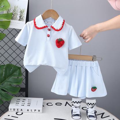 Toddler Baby Girl Strawberry Peter Pan Collar Top and Shorts 2-piece Set - Blue - 4-5T - image 2