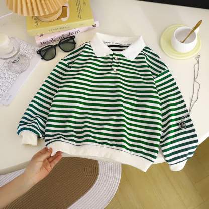Toddler Striped Polo Collar Long Sleeves  - Green - 8-9T - image 1