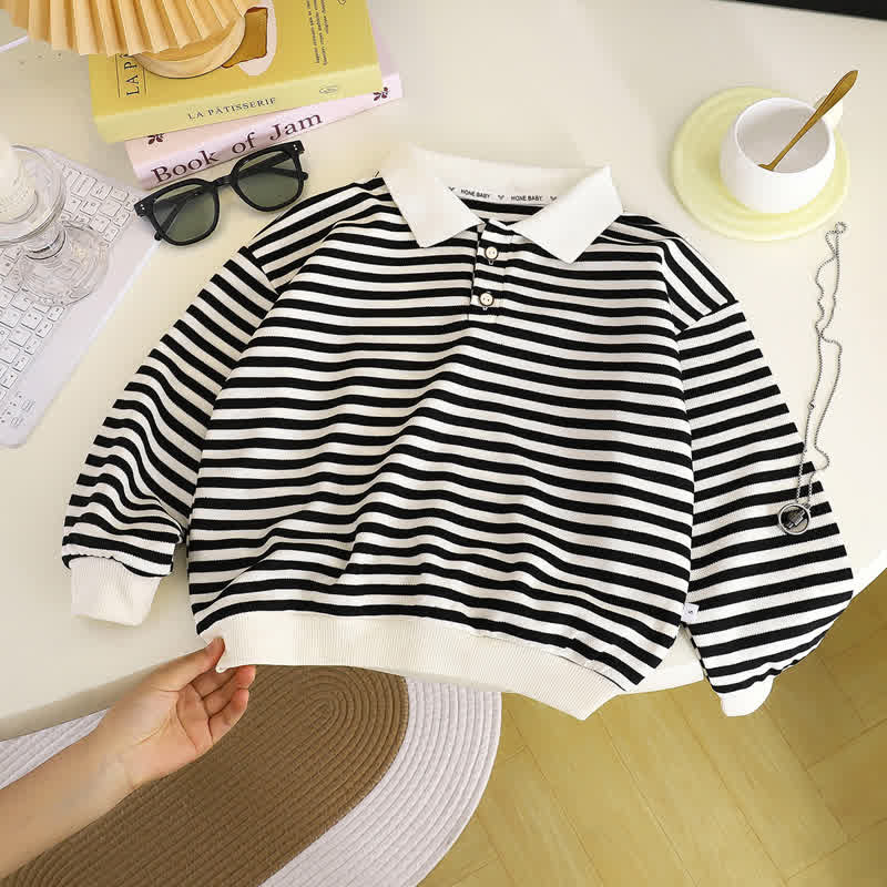 Toddler Striped Polo Collar Long Sleeves  - Black - 8-9T - image 2