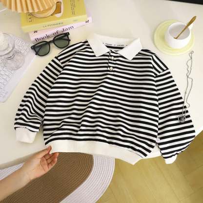 Toddler Striped Polo Collar Long Sleeves  - Black - 8-9T - image 2