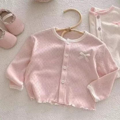 Toddler Girls Pointelle Bow Knit Cardigan Coat - Pink - 6-7T - image 3