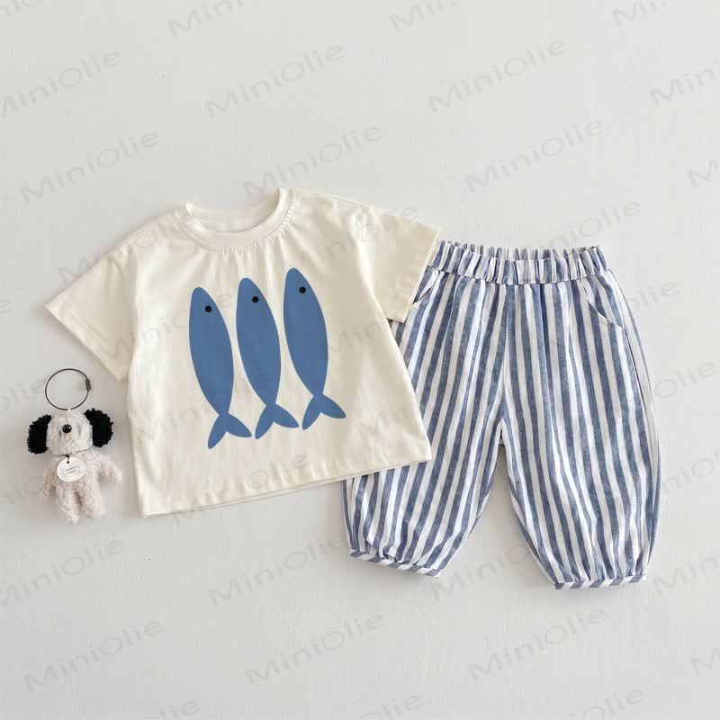 Baby Toddler FISHES Beige&Blue Vertical Striped 2-piece Set - Beige&Blue - 3-4T - image 1