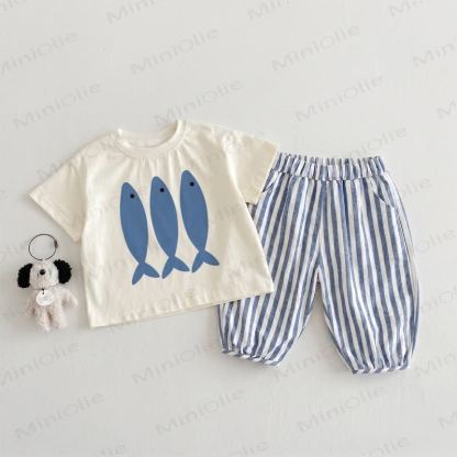 Baby Toddler FISHES Beige&Blue Vertical Striped 2-piece Set - Beige&Blue - 3-4T - image 1