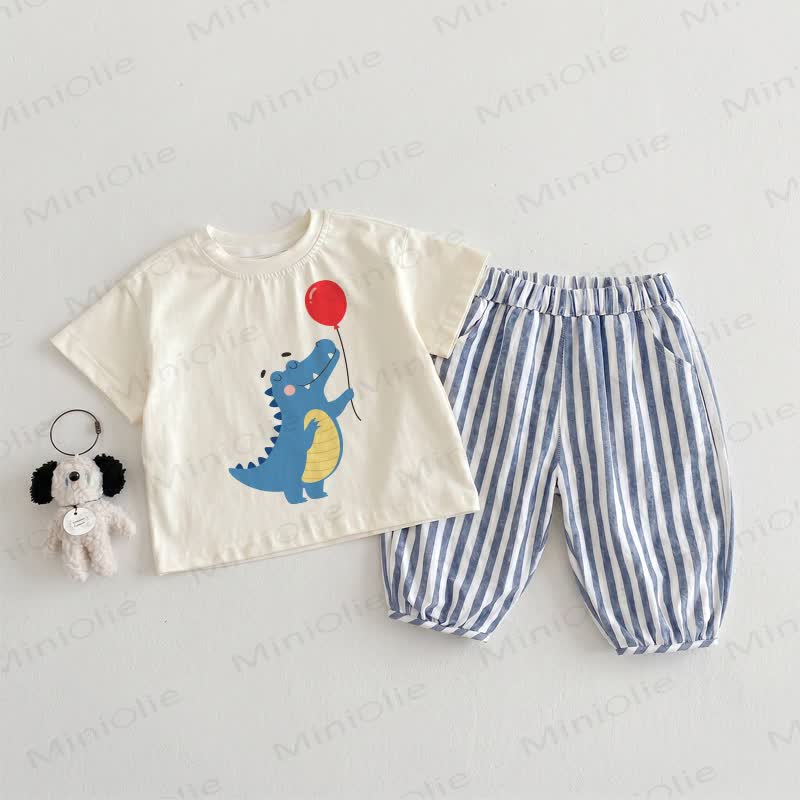 Baby Toddler Dinosaur Beige&Blue Vertical Striped 2-piece Set - Beige&Blue - 3-4T - image 1
