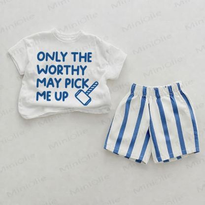 ONLY THE WORTHY MAY PICK ME UP Baby Blue Vertical Striped 2-piece Shorts Set - White&Blue - 2-3T - image 1