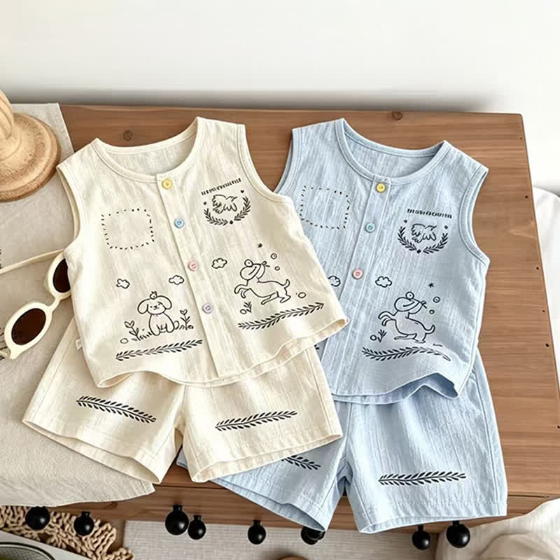 Baby Toddler Kid Dog Print Sleeveless Button Front Tank Top and Shorts 2-piece Set - image 1