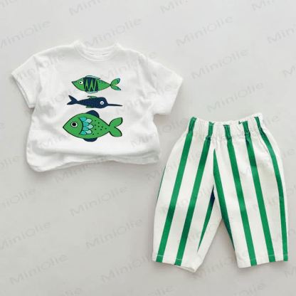 Baby Fish Print Green Vertical Striped 2-piece Pants Set - White&Green - 2-3T - image 1