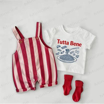 TUTTA BENE Baby Pasta Red Stripe Overalls and White Tee 2-piece Set - White&Red - 2-3T - image 1