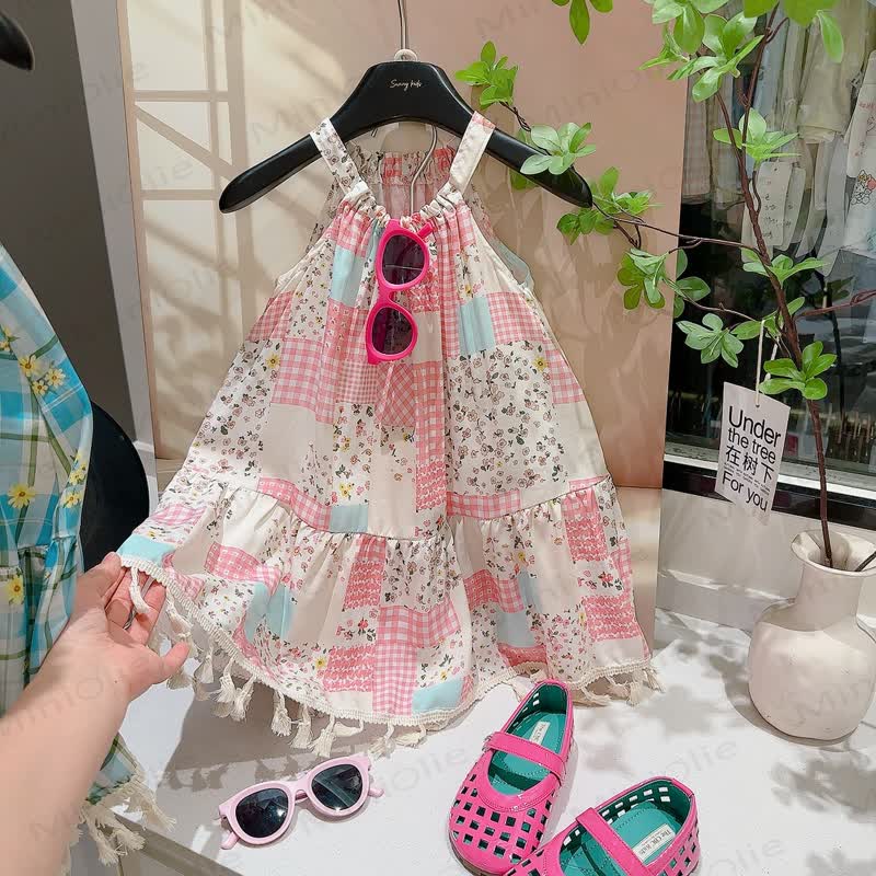 Toddler Kid Girls Patchwork Tassel Sleeveless Dress - Pink Plaid - 12-13T - image 2