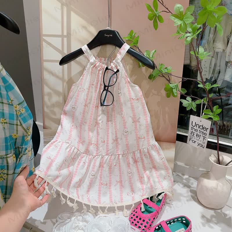 Toddler Kid Girls Patchwork Tassel Sleeveless Dress - Pink Bow - 12-13T - image 3