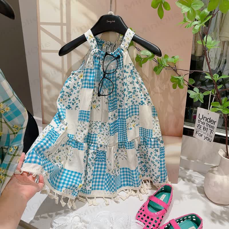 Toddler Kid Girls Patchwork Tassel Sleeveless Dress - Blue Plaid - 12-13T - image 6