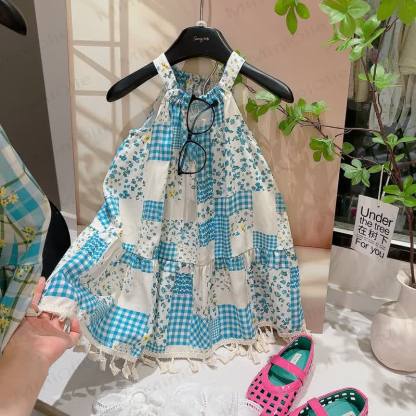 Toddler Kid Girls Patchwork Tassel Sleeveless Dress - Blue Plaid - 12-13T - image 6