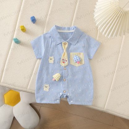 Baby Bear Pocket Tie Collar Short Sleeves Romper - Blue - 2-3T - image 2