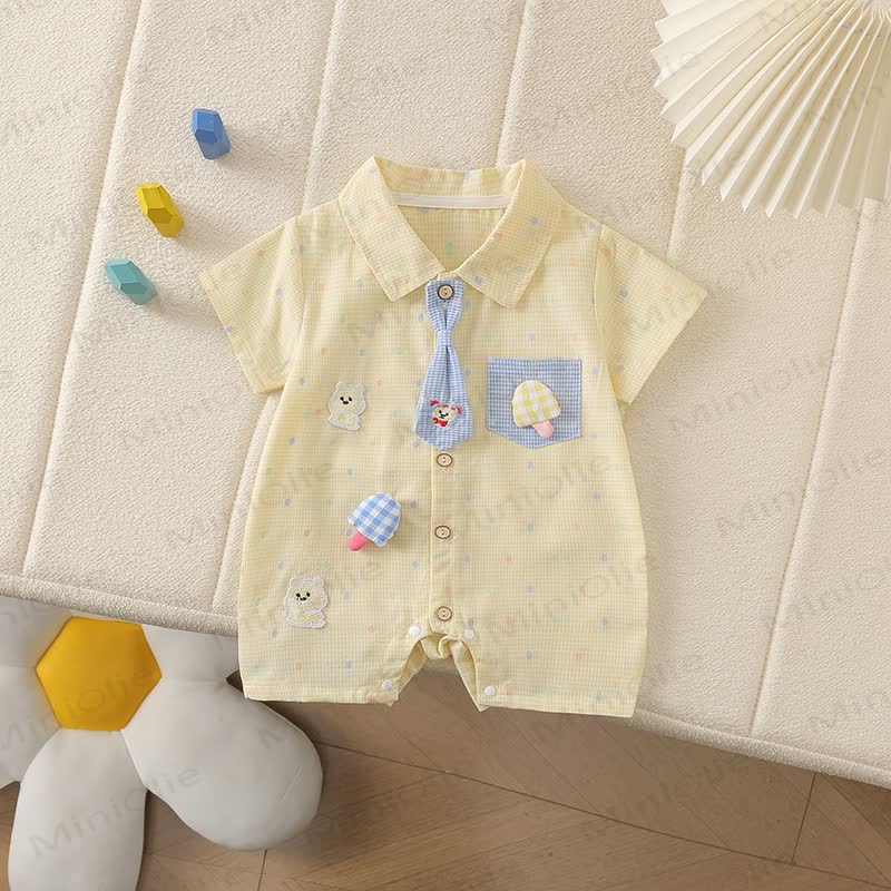 Baby Bear Pocket Tie Collar Short Sleeves Romper - Yellow - 2-3T - image 3