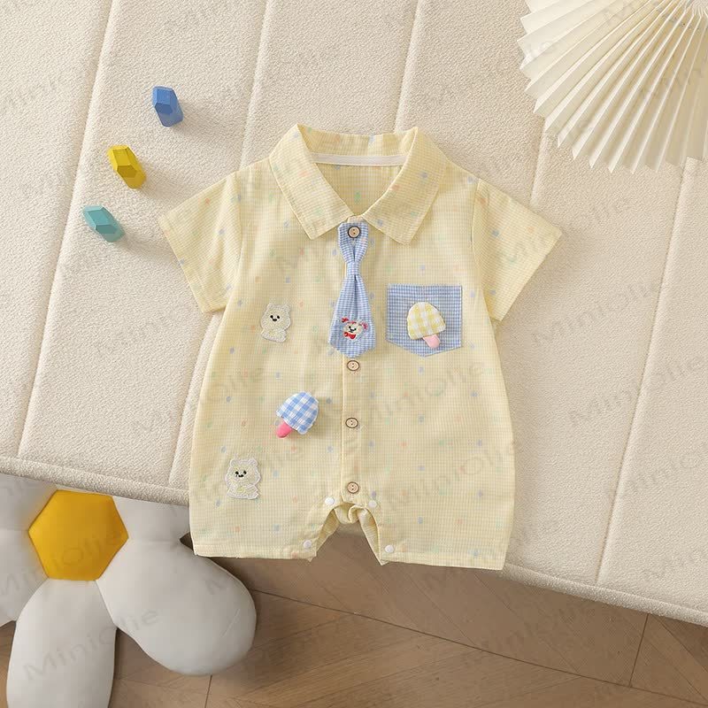 Baby Bear Pocket Tie Collar Short Sleeves Romper - Yellow - 2-3T - image 3
