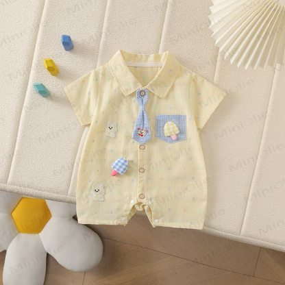 Baby Bear Pocket Tie Collar Short Sleeves Romper - Yellow - 2-3T - image 3
