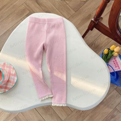 Toddler Girls Ribbed Lace Hem Leggings - Pink - 8-9T - image 2