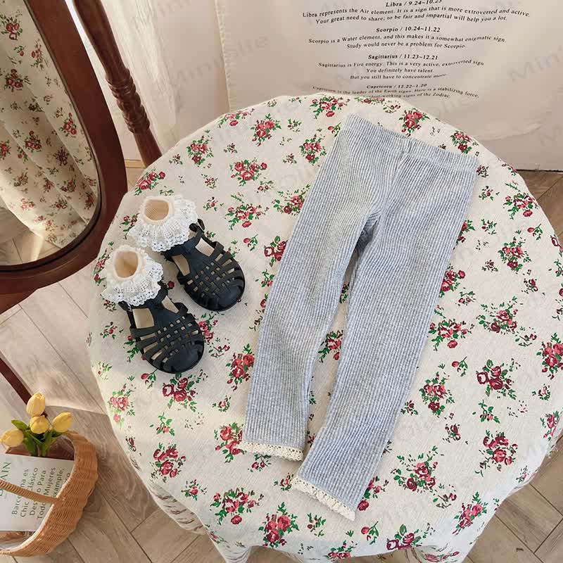 Toddler Girls Ribbed Lace Hem Leggings - Grey - 8-9T - image 3