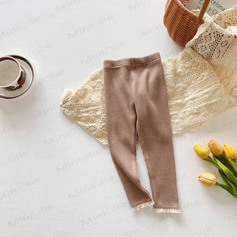 Toddler Girls Ribbed Lace Hem Leggings - Coffee - 8-9T - image 4