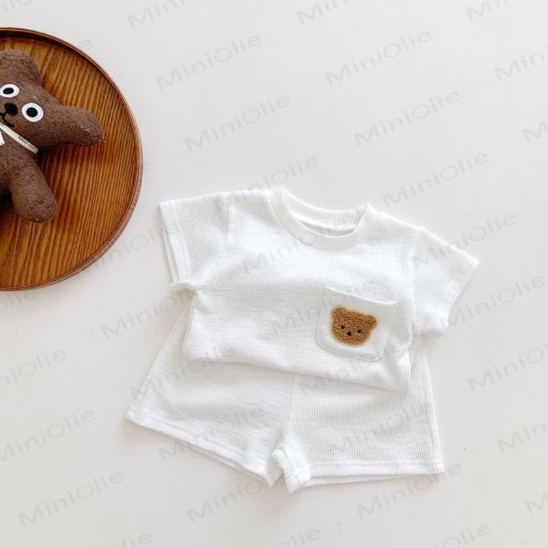 Toddler Bear Pocket Waffle Knit T-Shirt and Shorts 2-piece Set - White - 6-7T - image 2