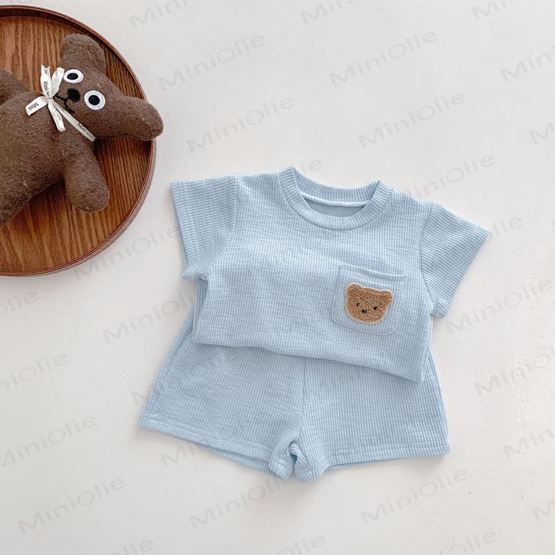 Toddler Bear Pocket Waffle Knit T-Shirt and Shorts 2-piece Set - Blue - 6-7T - image 3