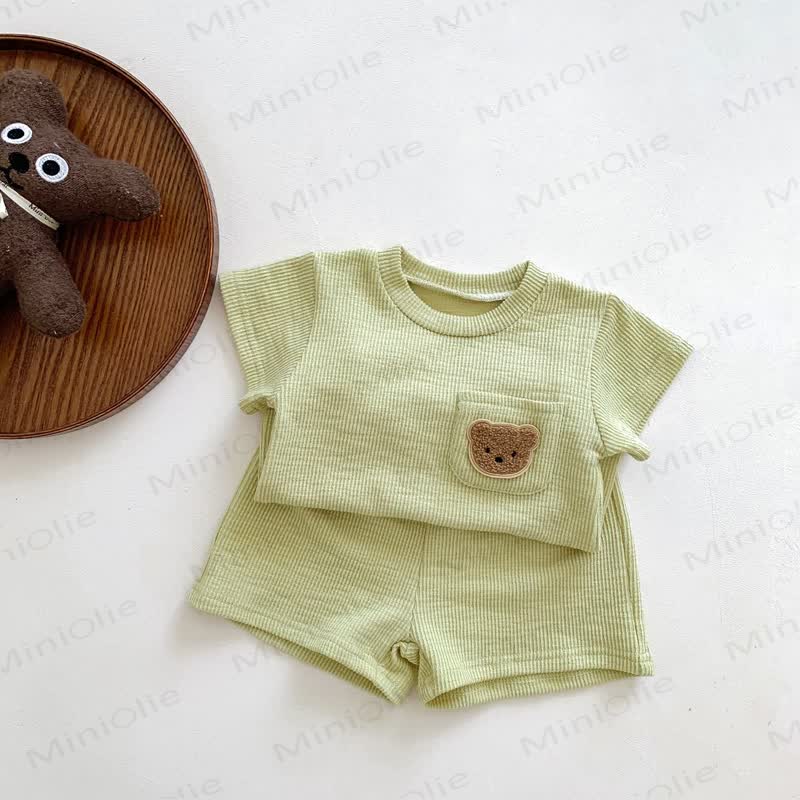 Toddler Bear Pocket Waffle Knit T-Shirt and Shorts 2-piece Set - Green - 6-7T - image 4