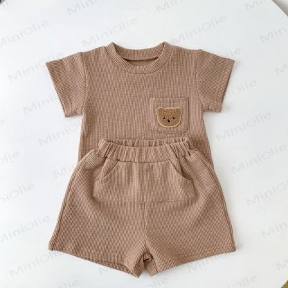 Toddler Bear Pocket Waffle Knit T-Shirt and Shorts 2-piece Set - Brown - 6-7T - image 5