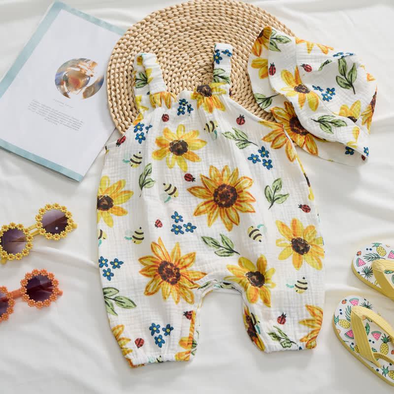 Baby Girls Sunflower Print White Jumpsuit with Hat - image 3
