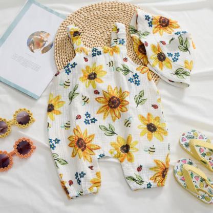 Baby Girls Sunflower Print White Jumpsuit with Hat - image 2