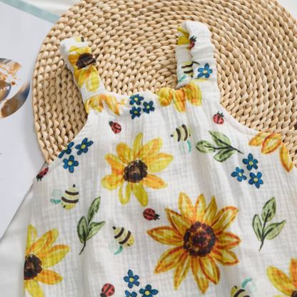 Baby Girls Sunflower Print White Jumpsuit with Hat - image 4