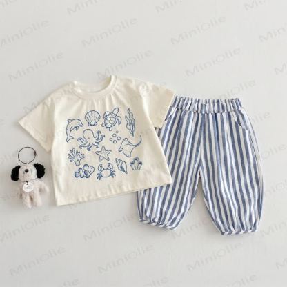 Baby Toddler Marine Animal Beige&Blue Vertical Striped 2-piece Set - Beige&Blue - 3-4T - image 1