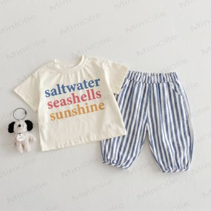 SALTWATER SEESHELLS SUNSHINE Baby Toddler Beige&Blue Vertical Striped 2-piece Set - Beige&Blue - 3-4T - image 1