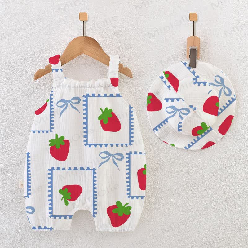 Baby Girls Strawberry Bows Romper with Hat - White - 18-24M - image 1
