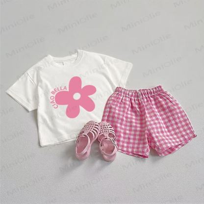 CIAO BELLA Baby Pink Flower Tee and Plaid Shorts 2-Piece Set - White&Pink - 3-5T - image 1