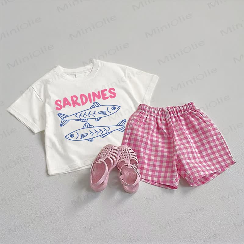 SARDINES Baby Short Sleeve And Plaid Shorts 2-piece Set - White&Pink - 3-5T - image 1