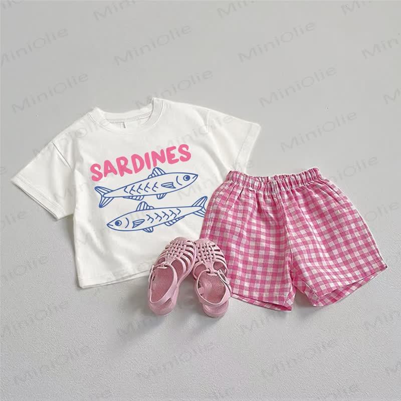 SARDINES Baby Short Sleeve And Plaid Shorts 2-piece Set - White&Pink - 3-5T - image 1