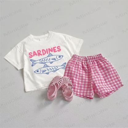 SARDINES Baby Short Sleeve And Plaid Shorts 2-piece Set - White&Pink - 3-5T - image 1