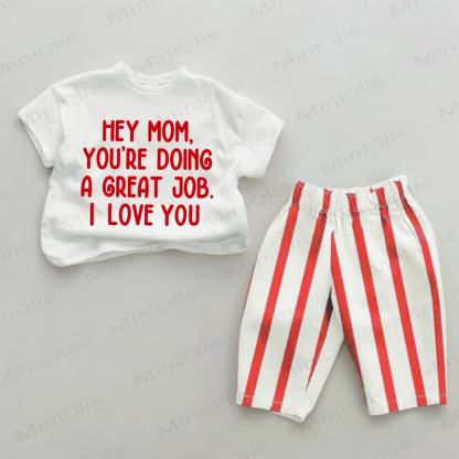 HEY MOM YOU'RE DOING A GREAT JOB I LOVE YOU Baby Print Red Striped 2-piece Set - White&Red - 4-5T - image 1